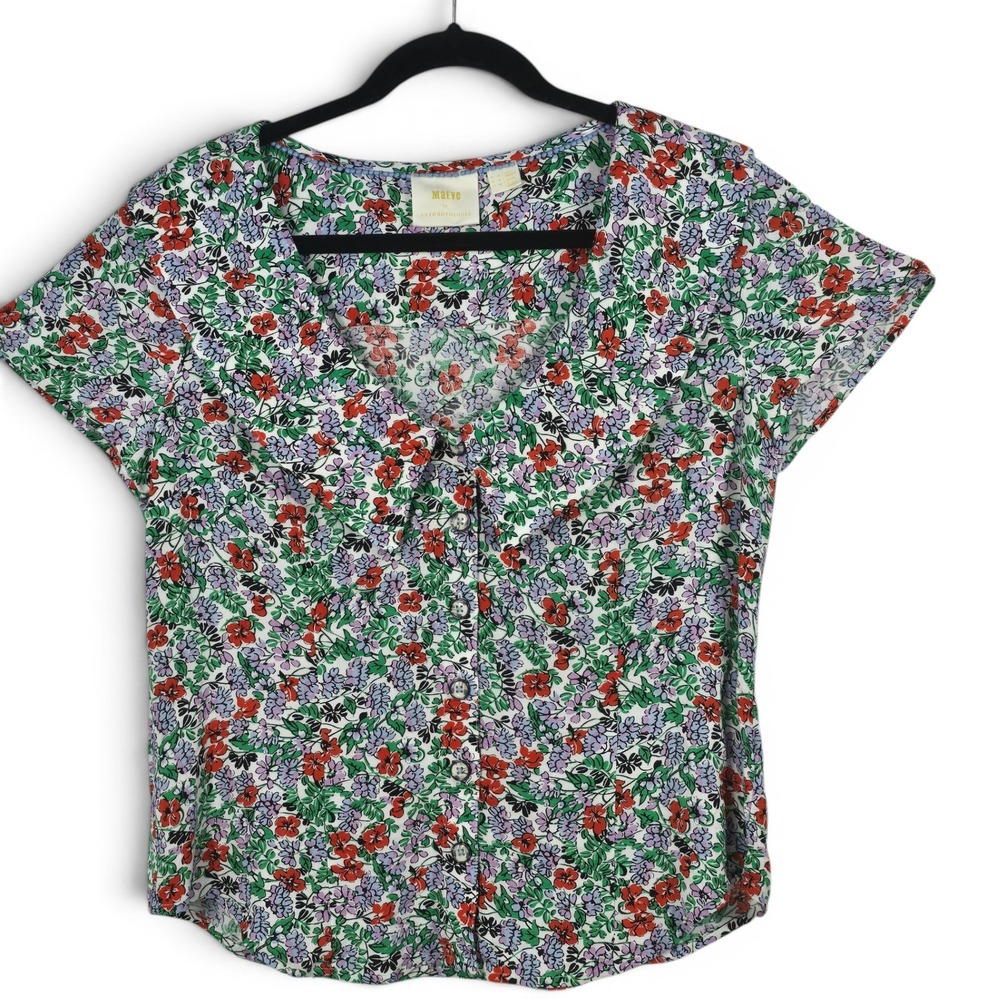 Maeve Anthropologie Floral Button Down Peter Pan Collar Rayon Blouse Multi Sz 10